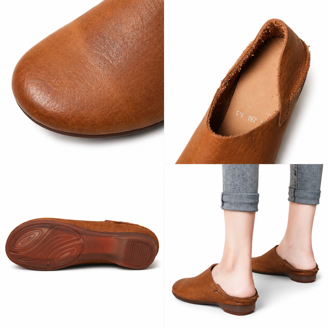 Vintage Cowhide Leather Flats – Soft Round Toe Slip On Loafers