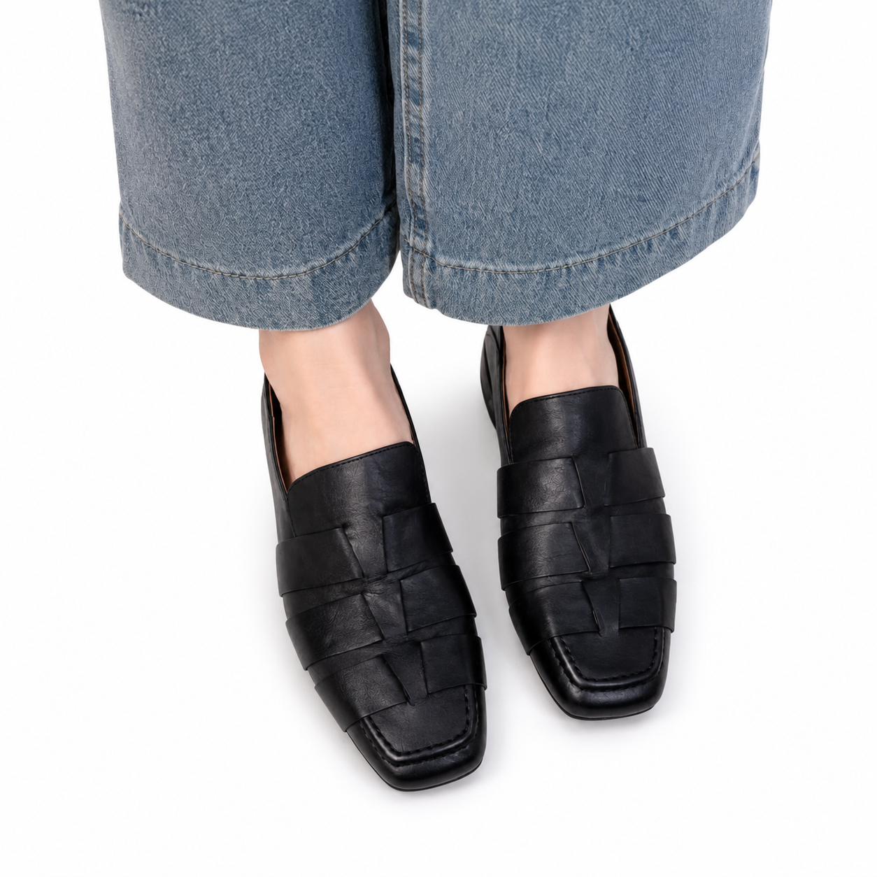 Woven Square Toe Loafers, Women's Chunky Heel Slip On Shoes, Synthetic Leather Flats