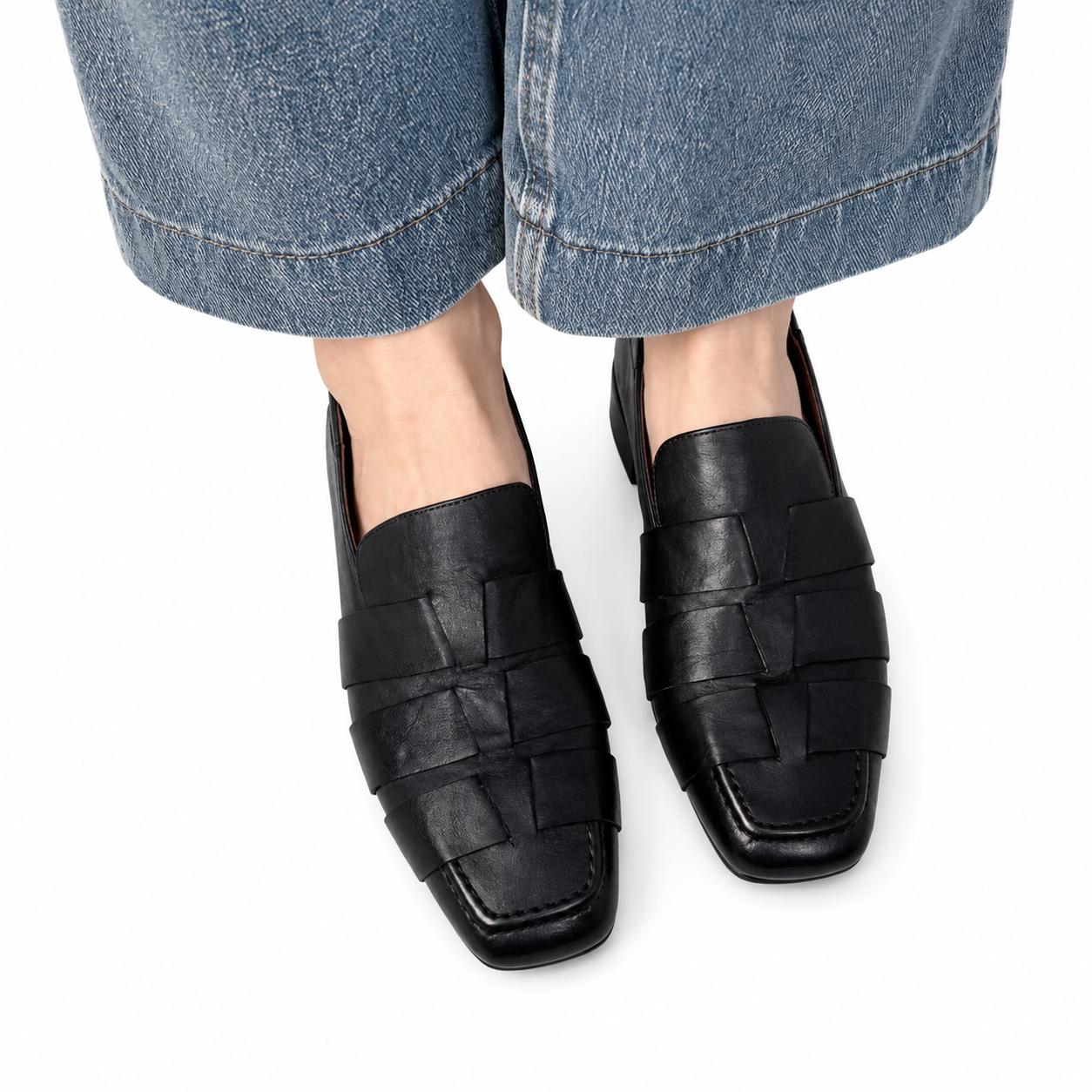 Woven Square Toe Loafers, Women's Chunky Heel Slip On Shoes, Synthetic Leather Flats