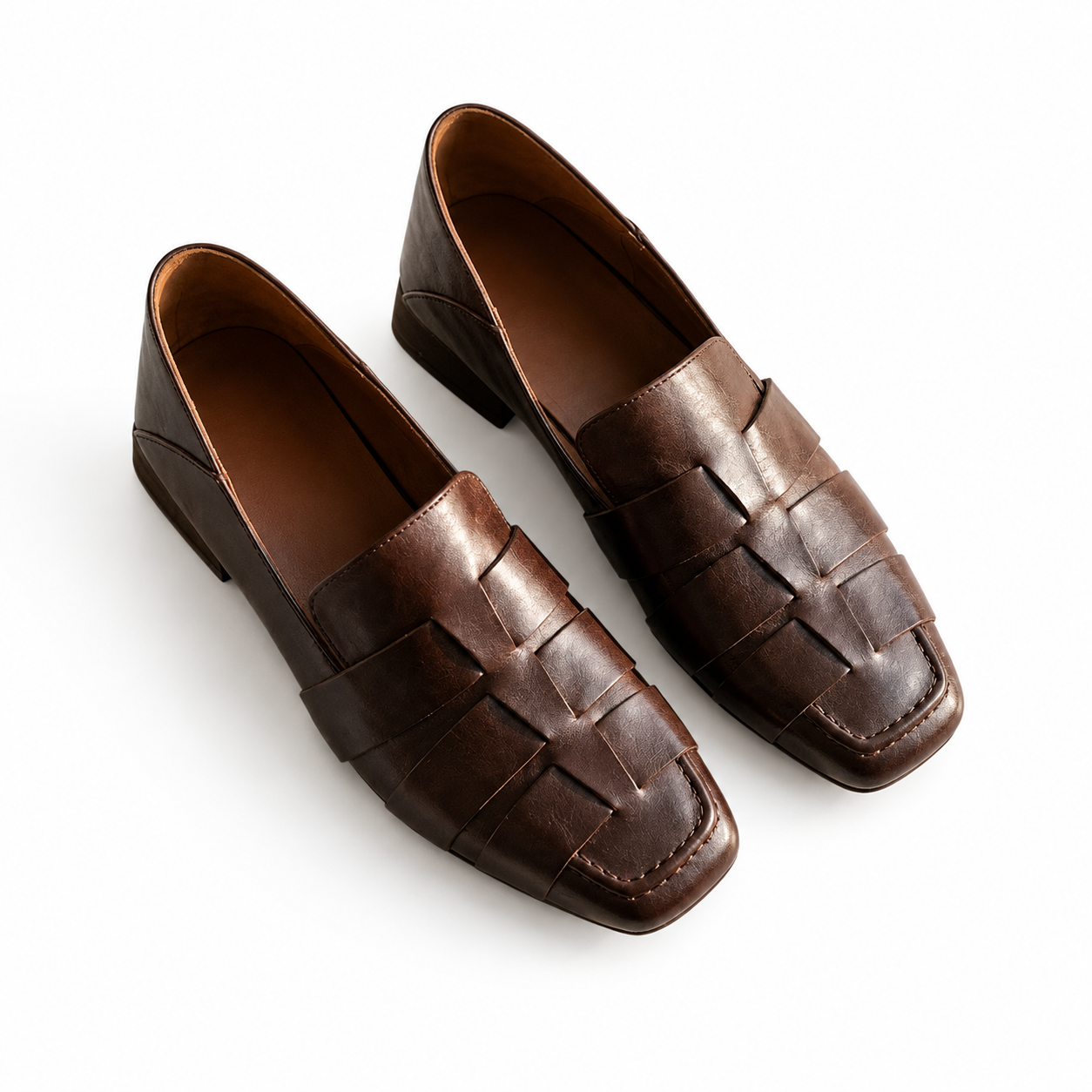 Woven Square Toe Loafers, Women's Chunky Heel Slip On Shoes, Synthetic Leather Flats
