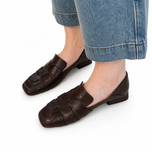 Woven Square Toe Loafers, Women's Chunky Heel Slip On Shoes, Synthetic Leather Flats